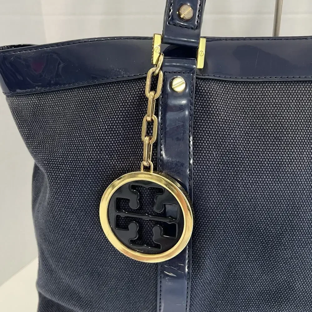 Tory Burch Canvas Jane Tote Shoulder Bag Beach Navy Blue Double Straps Travel